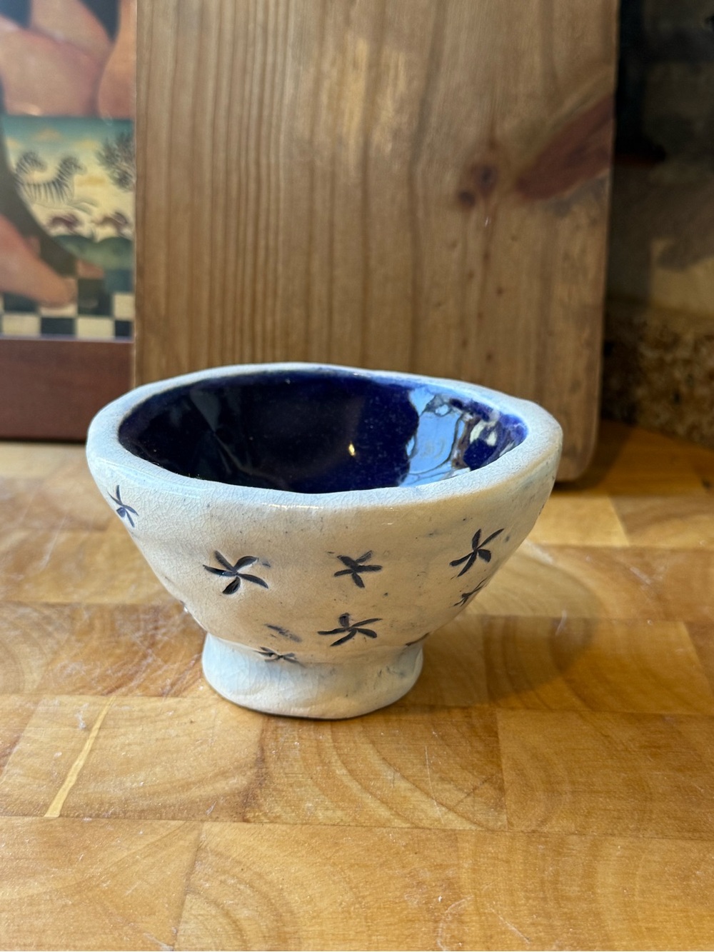 Hand ThrownStudio Pottery Signed Ceramic Bowl with Navy Blue Interior